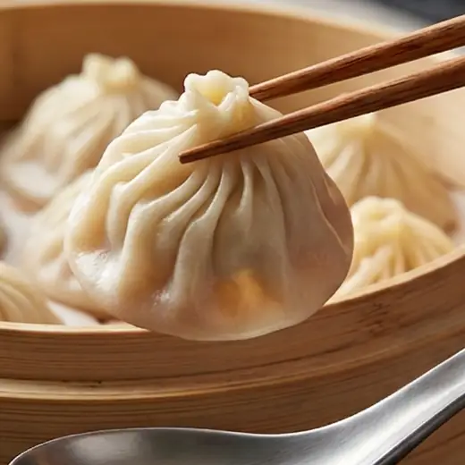 Lifting a soup dumpling from the steamer with chopsticks